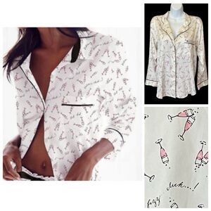 Victoria’s Secret Satin Feel Champagne Print Pajama Top Medium White Pink Black